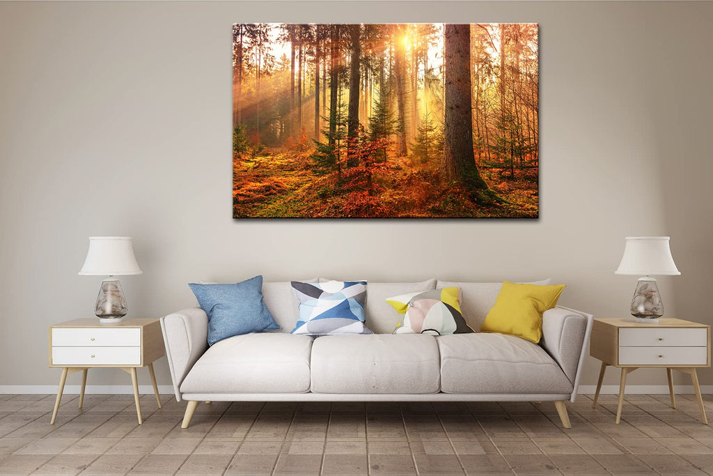 Mystery Forest Light Wall Art, Nature Landscape Pictures Canvas Prints Wall Decor, Autumn Trees Paintings Hang