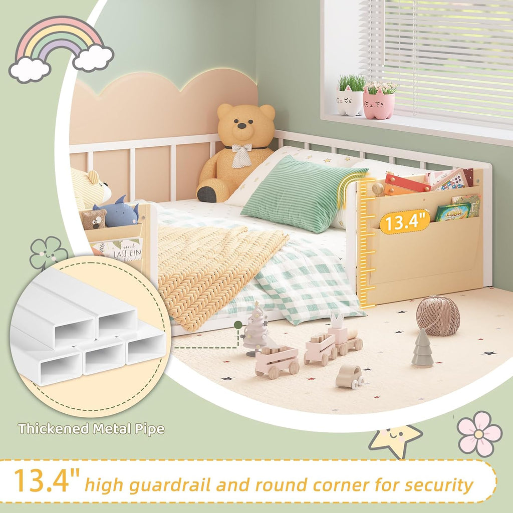 Floor Bed for Kids with Safety Guardrails, Montessori Bed White