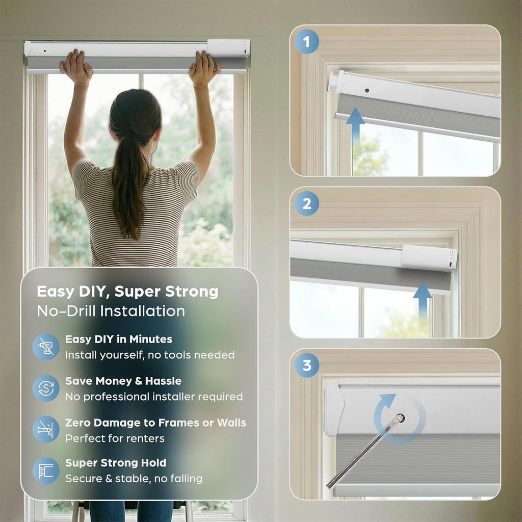 Motorized Cellular Shades with Remote,No Drill Smart Blackout Honeycomb Blinds, Cordless Automatic Electric Window