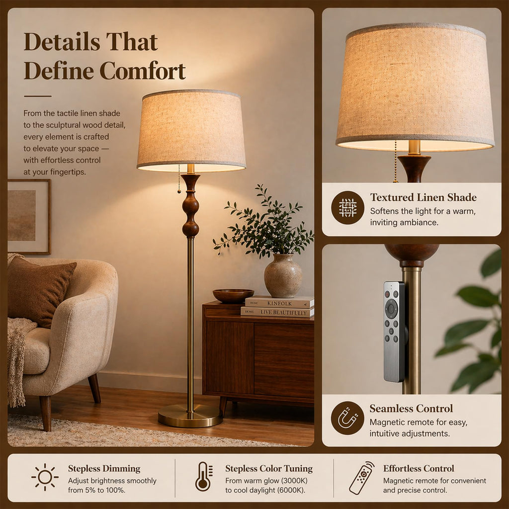 Wood & Brushed Floor Lamp with Pull Chain Switch & Remote Control, Sculptural Standing Lamp, Dimmable 3 Color