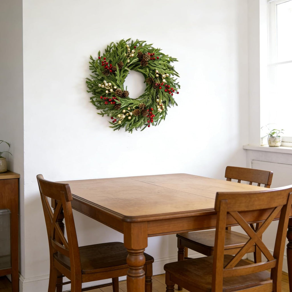 26" Norfolk Pine Wreath, Large Greenery Wreath for Front Door, Green Year Round Real Touch Artificial Greenery Wreath