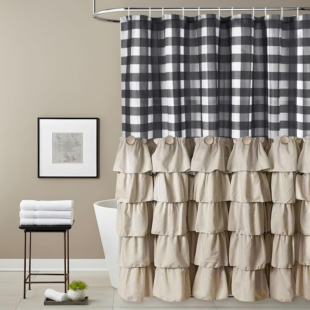 Beige Ruffle Farmhouse Black and White Buffalo Plaid 72 X 72