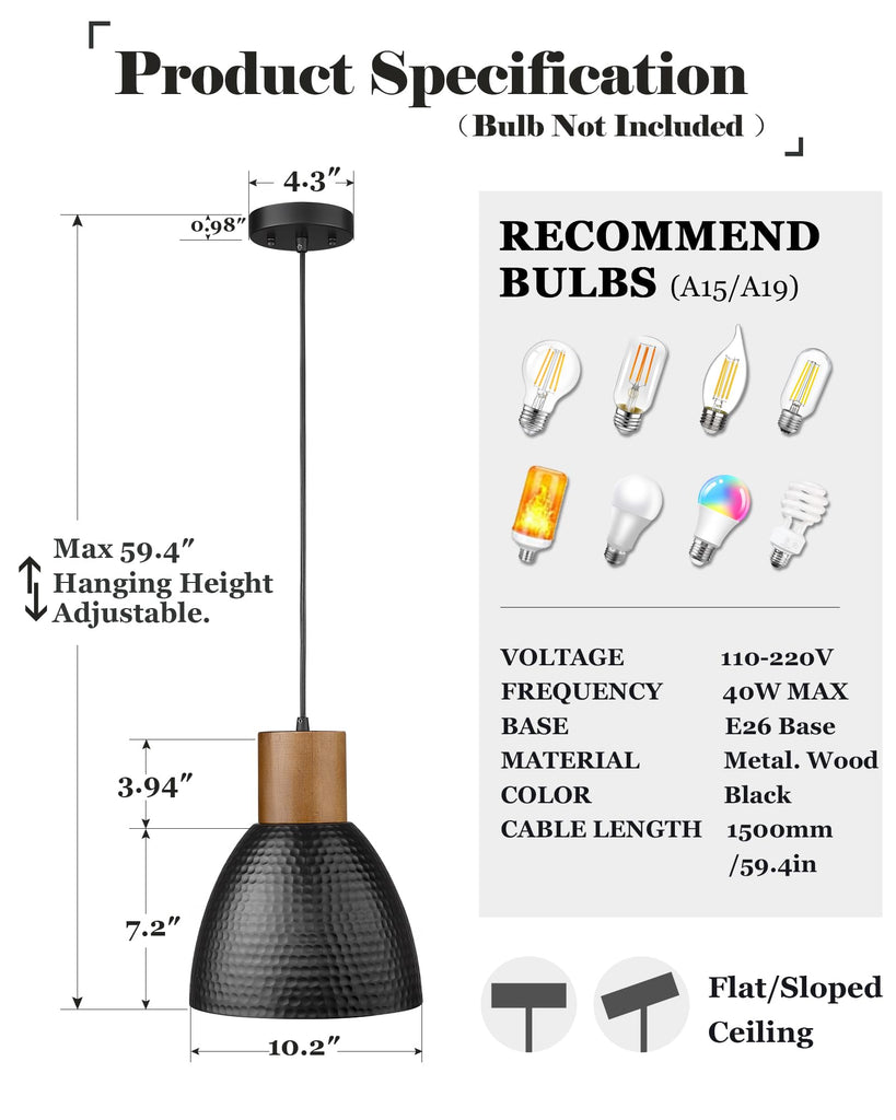 Hammered Pendant Light, 10.2" Industrial Hanging Lamp with Solid Wood & Metal Shade, Modern Pendant Light Fixtures