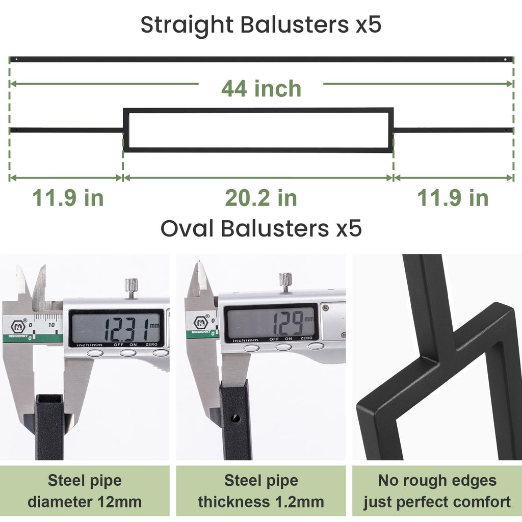 10 Pack Wrought Iron Railing, 44" x 1/2" Rectangular Hollow Staircase Baluster, Black Stair Spindles Balusters for