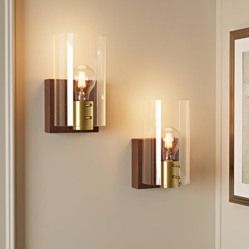 Modern Walnut Gold Battery Operated Wireless Wall Sconces Set of Two