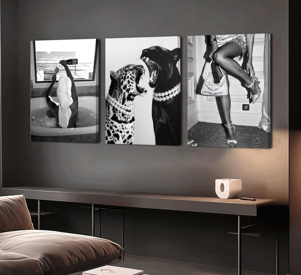 Bathroom Fashion Leopard Print Black and White Canvas Wall Art Trendy Women Posters Paintings Luxury Feminist