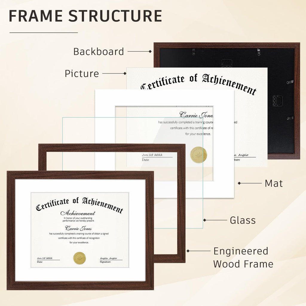 11x14 Certificate Frame with Glass, Brown, 2 Pack