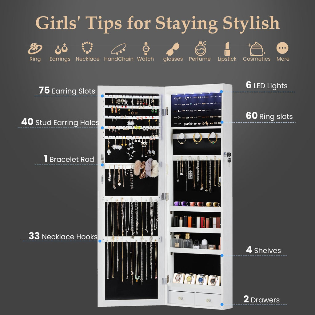 Jewelry Organizer Mirror, 6 LEDs Jewelry Armoire Cabinet, 47.2 Inch