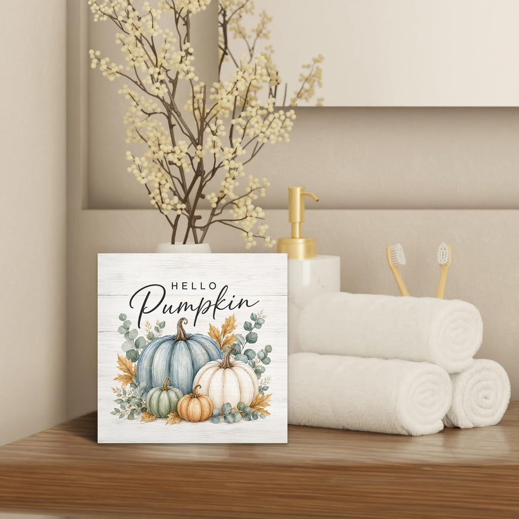 Fall Pumpkin Eucalyptus Botanical Wood Box Sign Desk Decor 5X5