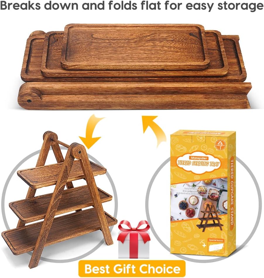 Extra Large Wood 3 Tier Serving Tray Three Tiered Cupcake Stand, Rectangle Serving Platter Wooden Farmhouse Tiered