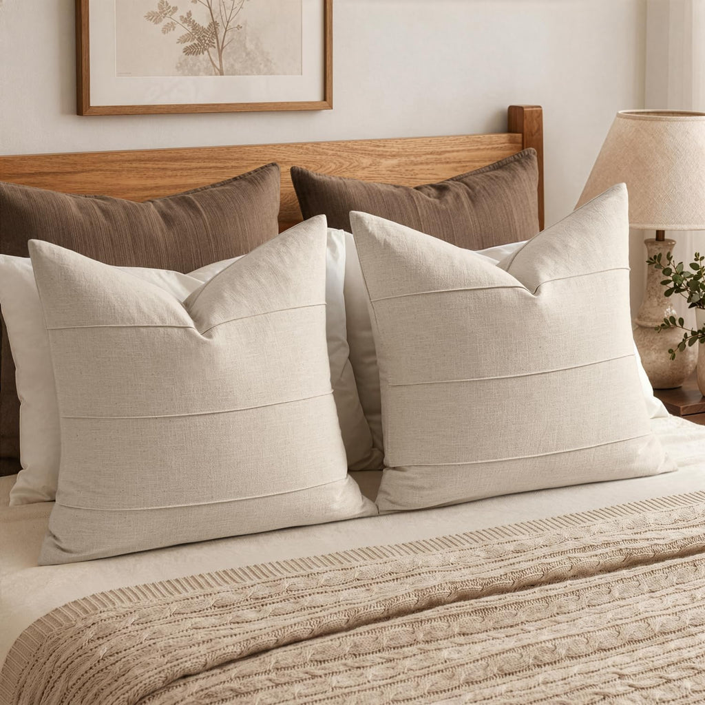 Decorative Linen Throw Pillow Covers 18x18 Natural Beige Striped