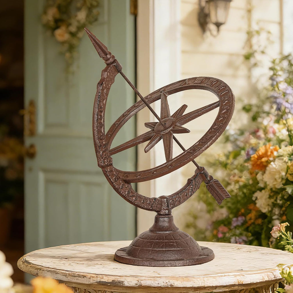 Vintage Cast Iron Armillary Sundial,14.3in Tall & Antique Brown