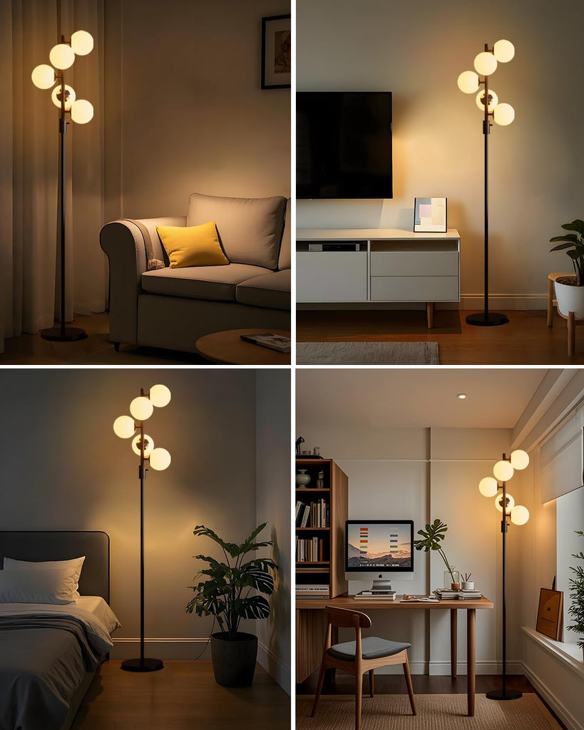 5-Globe Dimmable Globe Floor Lamp Black Standing Lamps with 5Pcs 3000K Bulbs Included Brightness Adjustable Retro Mid