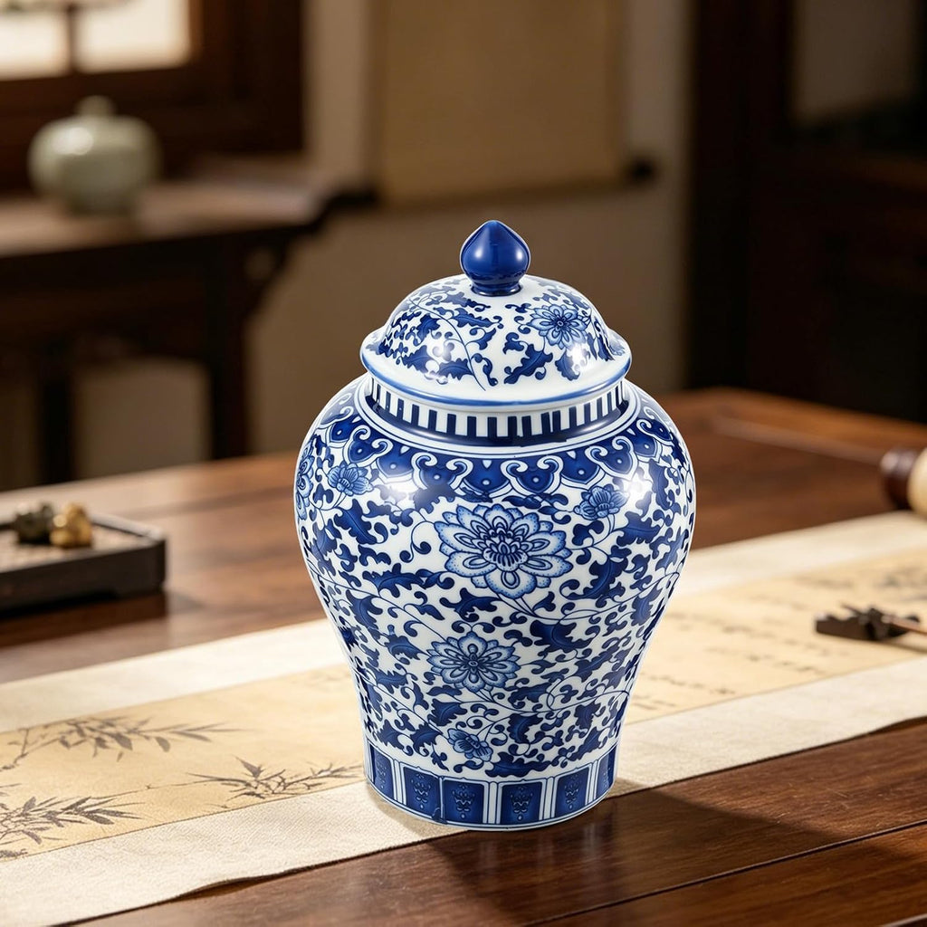 Blue and White Ginger Jar with Lid, 7.87 Inch Ceramic Chinoiserie Ginger Jar, Decorative Porcelain Ginger Vase