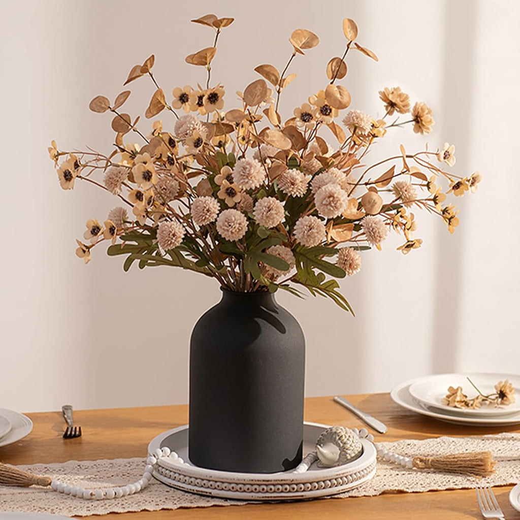 Beige Faux Flowers in Vase for Dining Table Centerpiece Decor | With Metal Vase 12 Stems of Fake Mums, Wax