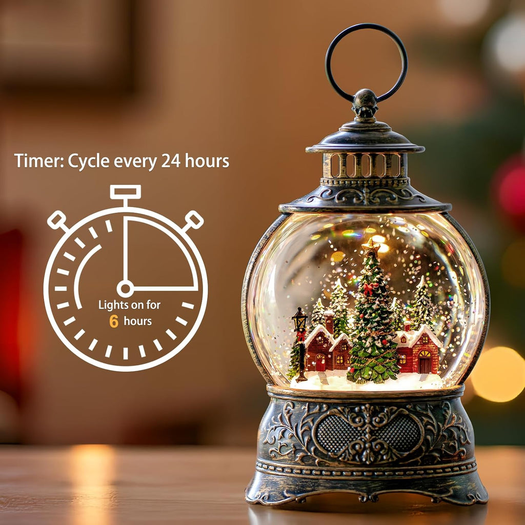 Christmas Snow Globes Water Lantern with Christmas Tree Village, Music & 6H Timer, USB Lined/Battery Operated Lighted