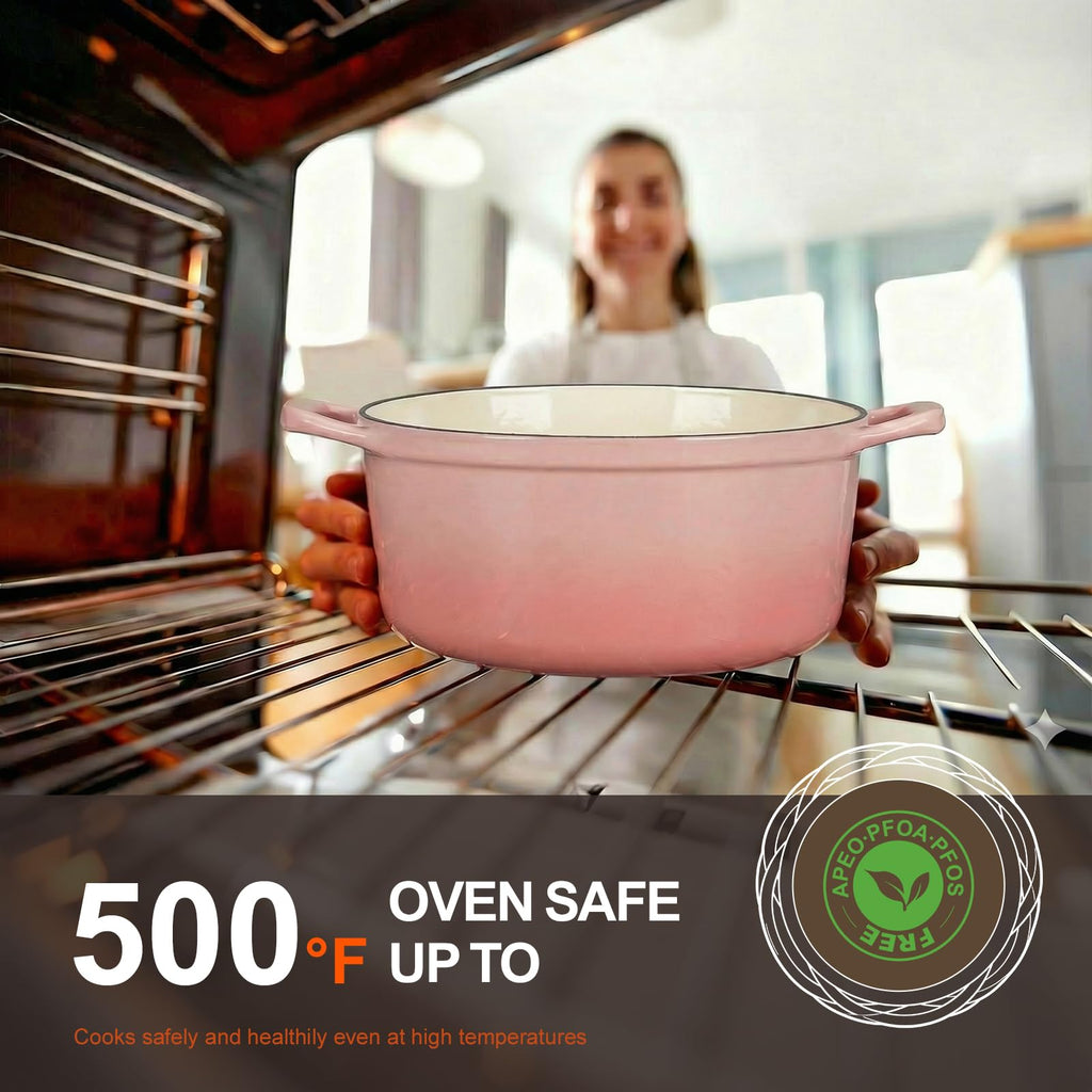 Enameled Cast Iron Dutch Oven - 5.5QT Pot with Lid Cookbook, Pink
