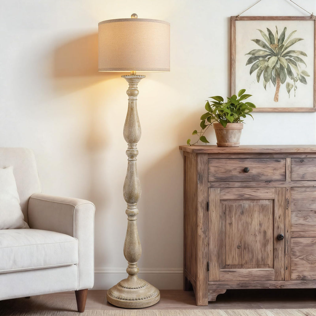 Vintage Floor Lamp, Rustic Farmhouse Standing Lamp with Rotary Switch and Linen Shade, Retro Resin Floor Lamp