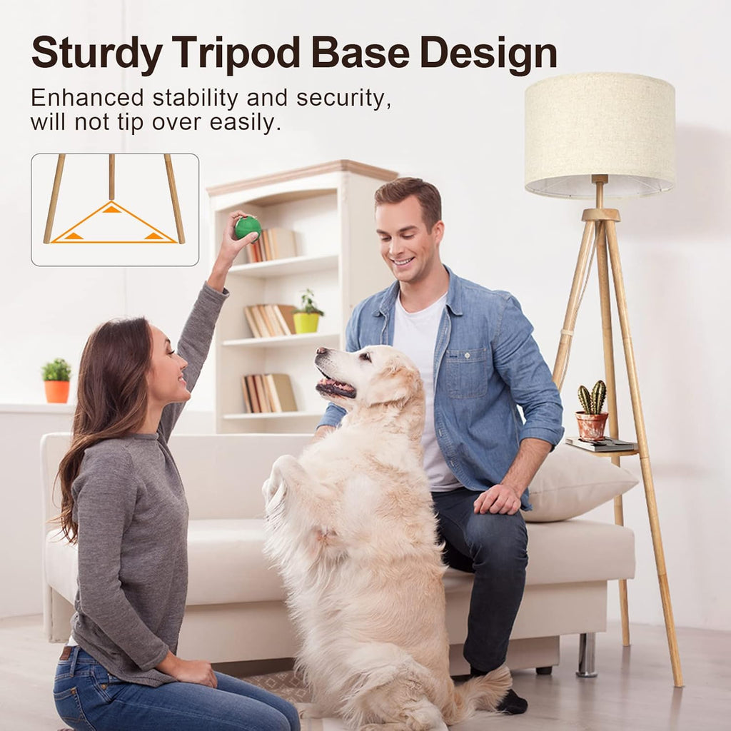 Wood Tripod Floor Lamp with Shelves, Mid Century Floor Lamp with Remote Control,4 Color Temperature