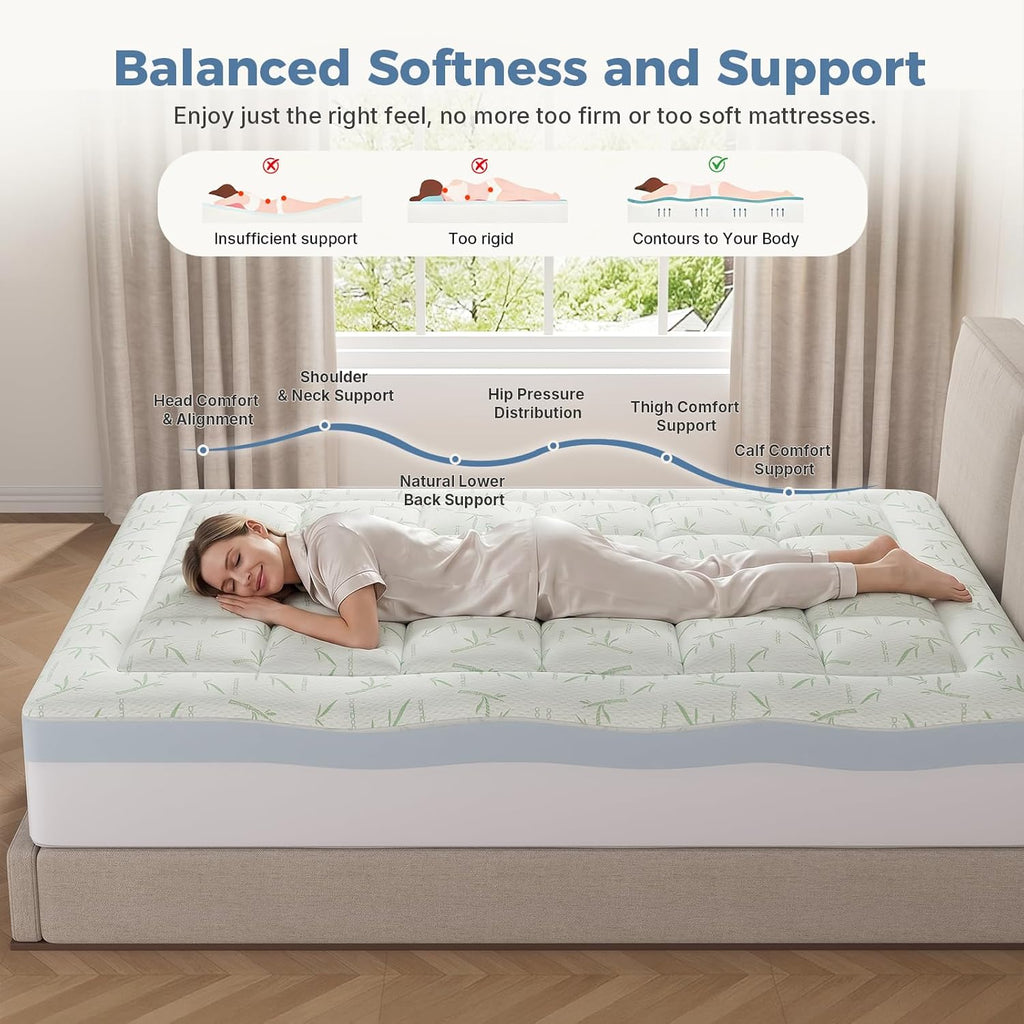 Queen 3in Dual Layer Gel Memory Foam Bamboo Rayon Mattress Topper | 2 Inch Memory Foam & 1 Inch Bamboo Rayon Pillow