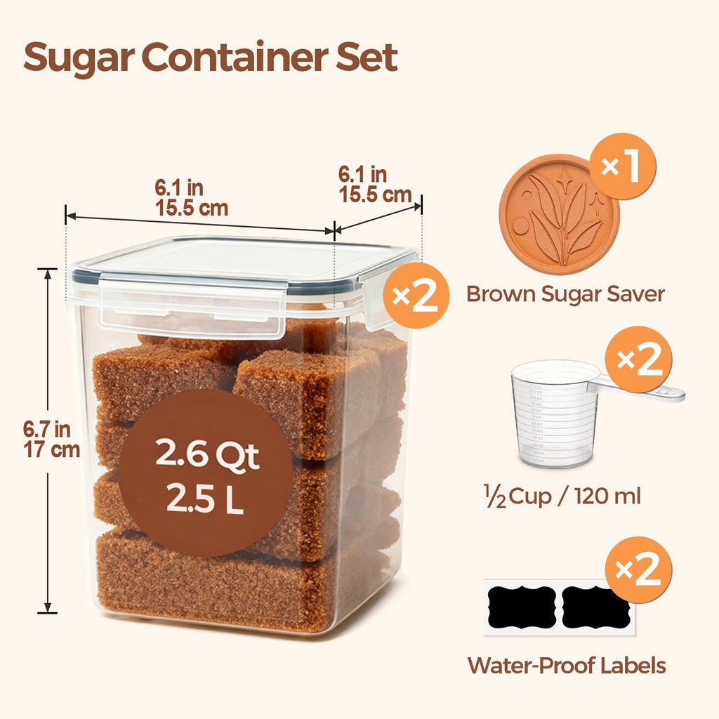 Airtight Brown Sugar Containers with Terra Cotta Saver 2.6Qt 2Pack