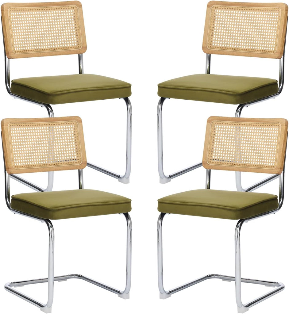 Rattan Dining Chairs Set of 4,Upholstered Mid-Century Modern Dining Room Chairs with Cane Backrest,Retro Velvet