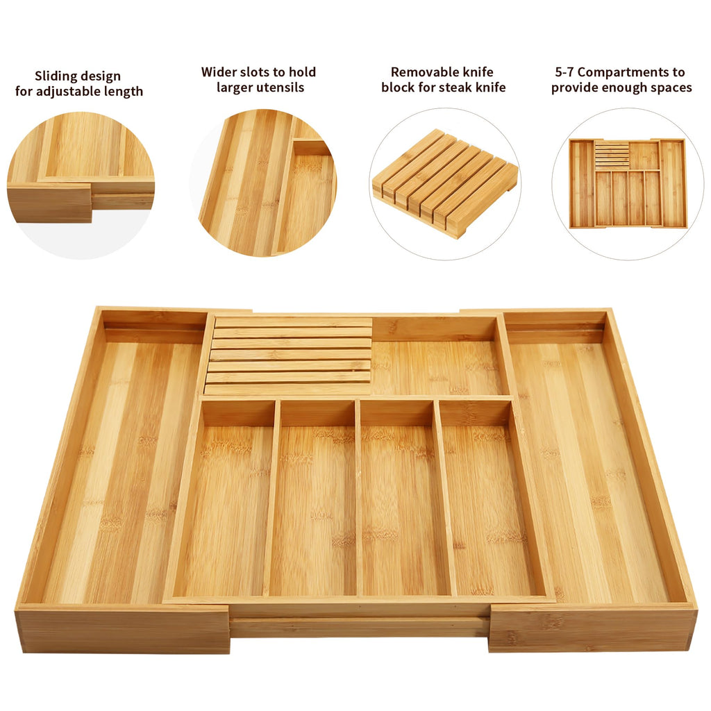 Bamboo Silverware Drawer Organizer, 7 Slots, Natural