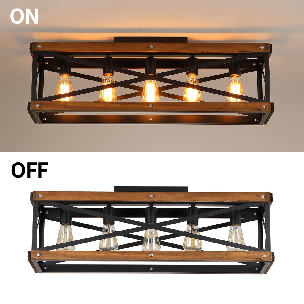 5-Light Large Rustic Farmhouse Wood Flush Mount Ceiling Light Fixture 31.5 inch Oak Wood and Metal Rectangular Track