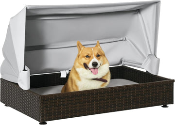 Rattan Dog Bed, Elevated Pet Sofa, Wicker Cat House, Indoor/Outdoor Use, for Garden Patio with Foldable Canopy