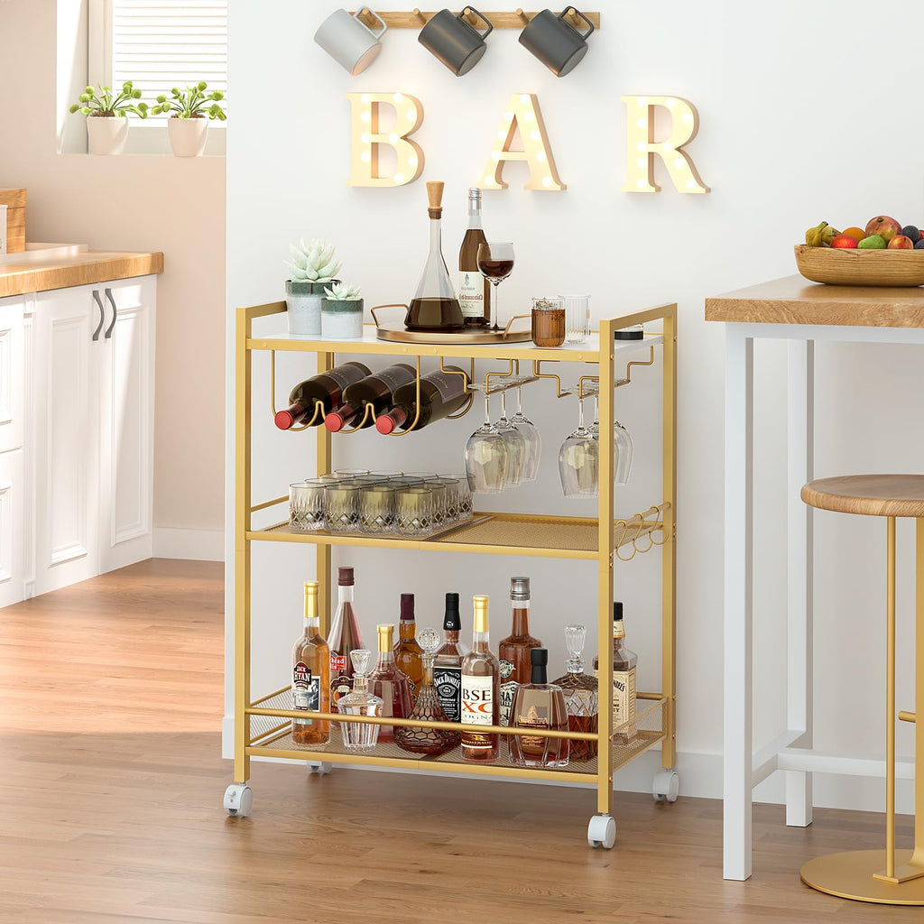 Bar Cart, 3-Tier Home Bar Serving Cart with Lockable Wheels, Gold