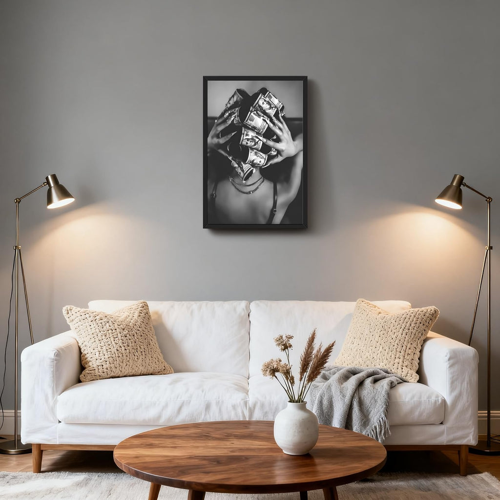 Framed Black Woman with Money on Head Wall Art Trendy Black and White Canvas Print Luxury Money Hair Rollers Fashion