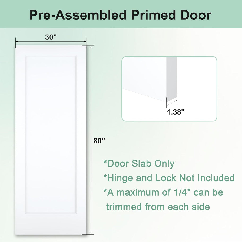 30"x80" 1-Panel Shaker Style White Primed Hollow Core Interior Molded Door Slab, NOT Pre-drilled and NOT Included