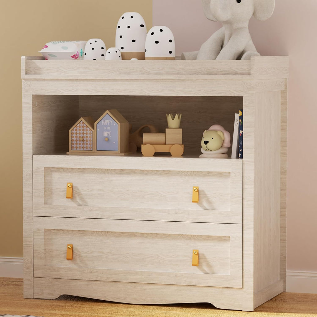Baby Dresser 35.4"Diaper Changing Station with Changing Table Top Beige