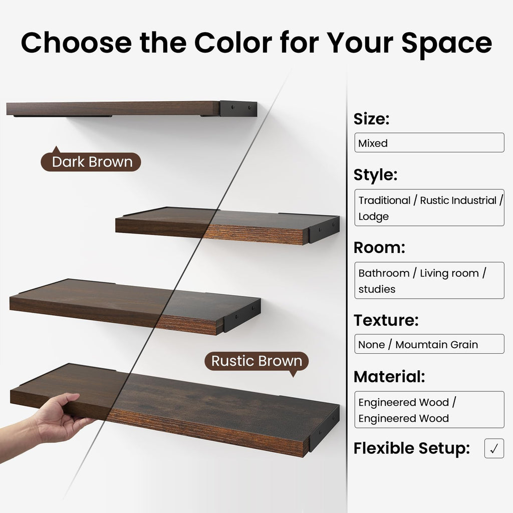 Wall Mounted Floating Shelves (Walnut-Like, Set of 3, 16" Mixed)