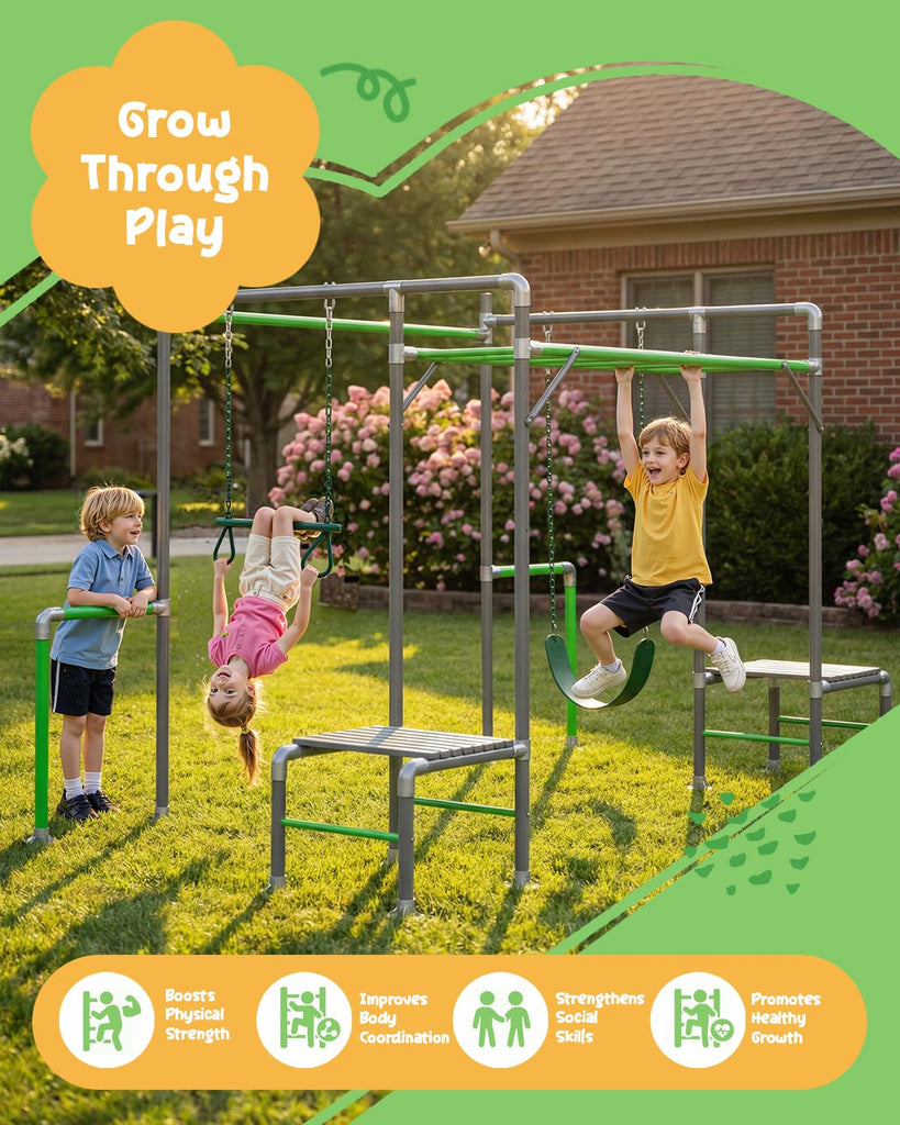 Outdoor Jungle Gym with Monkey Bars Frame, Climbing Set, Trapeze Swing Bar, Belt Swing, Kids Gymnastics Bars