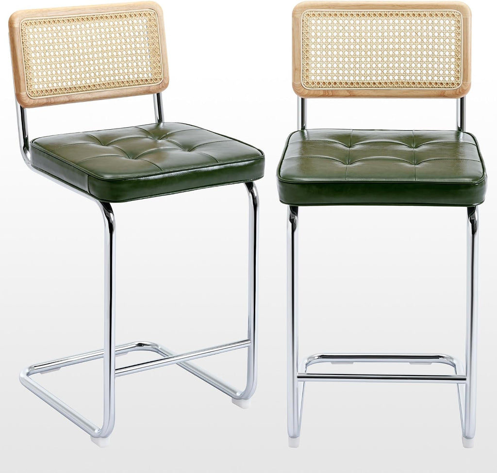 Natural Rattan Bar Stools Set of 2, Modern Counter Height Stools with Solid Wood Back, 26'' Counter Height Chairs