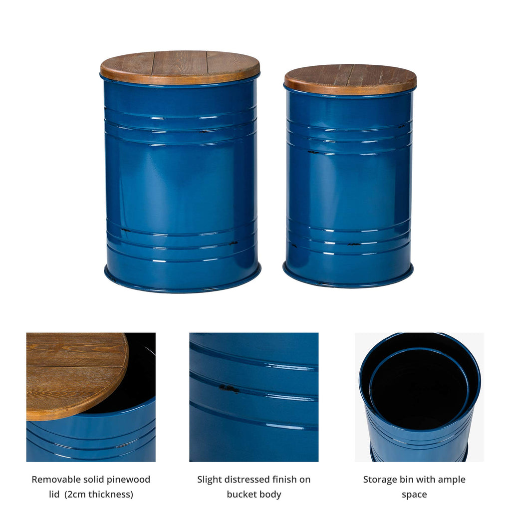 Nesting Tables, Round Coffee, Set of 2 Metal Farmhouse Small Accent End with Storage and Lid Office Plant Stander