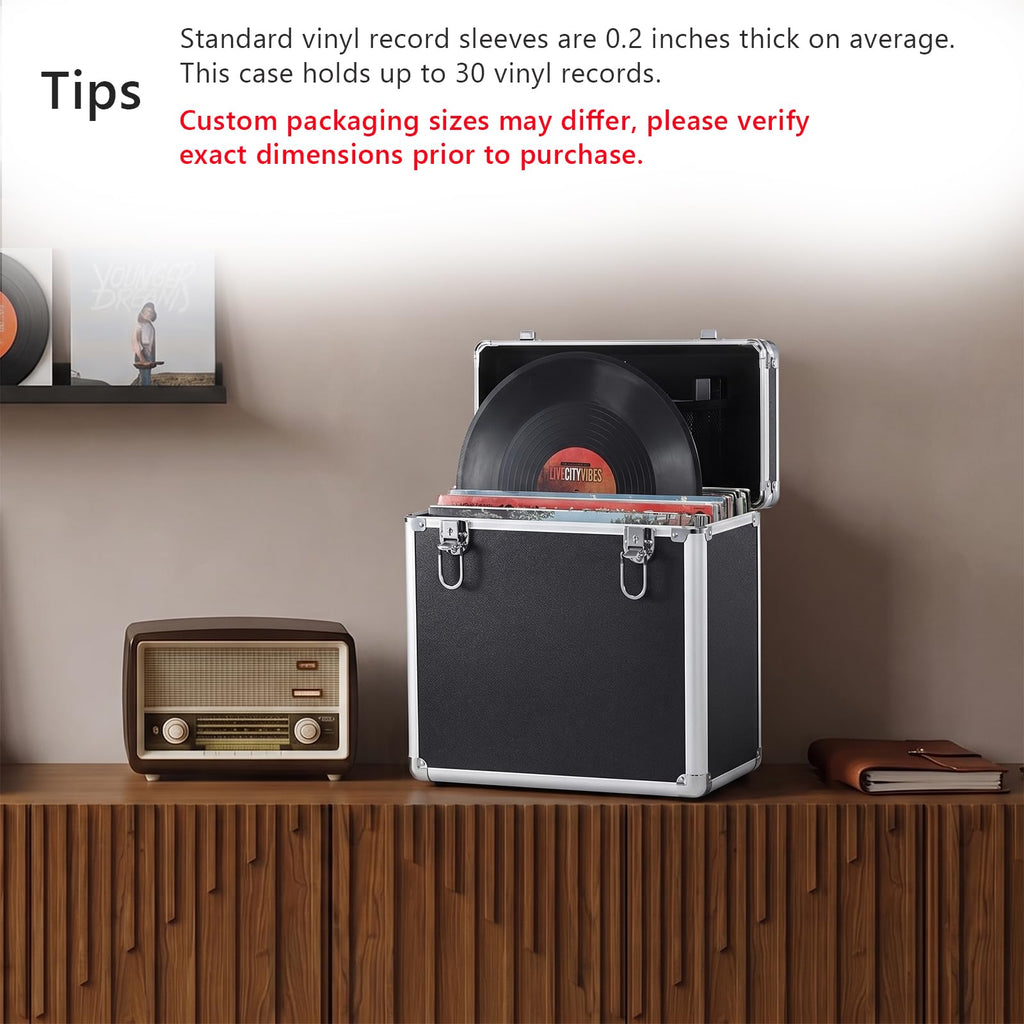 Vinyl Record Storage Box Holds 30 LPs for 7/10/12 Inch Records, a Lockable Aluminum Crate & Record Holder for