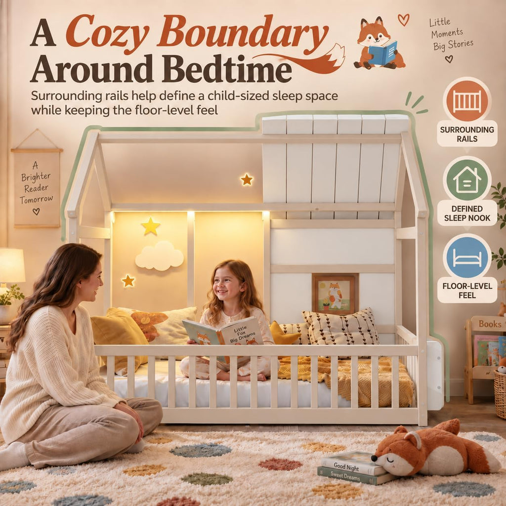House Floor Bed with Bookshelf and 7-Color LED Lights, Cream+White