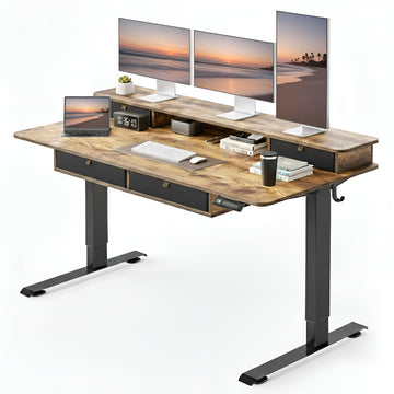 60" x 30" Standing Electric Desk with Drawers, Rustic Brown