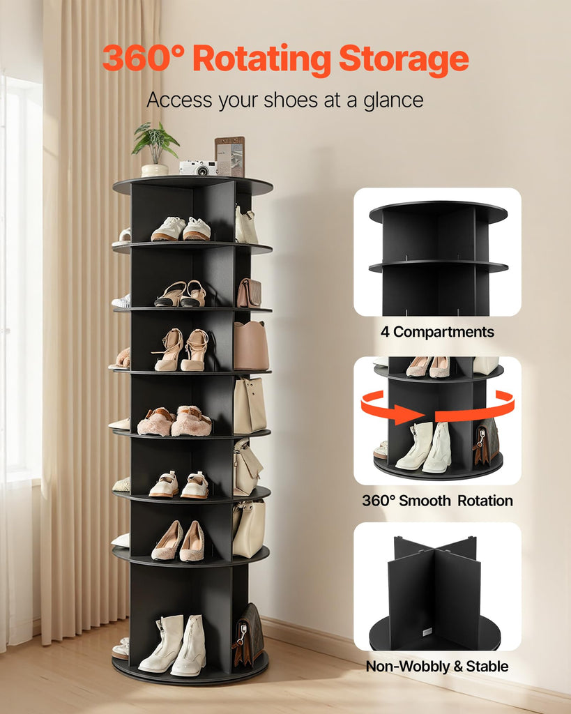7 Tiers Rotating Shoe Rack Tower, 360° Spinning Shoe Rack, Revolving Storage Round Carousel Display, Freestanding
