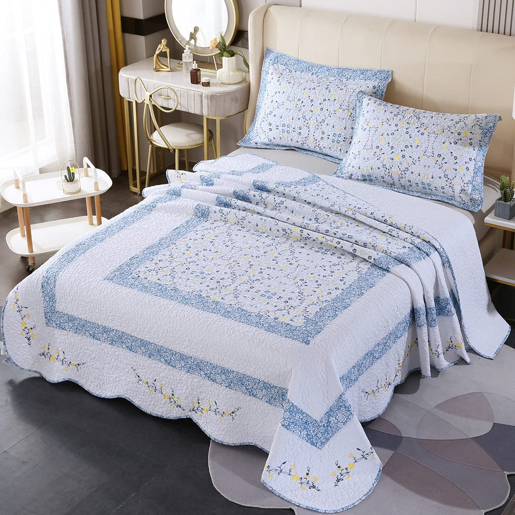 3 Pieces Cotton Quilted Embroidered Bedspread Set Oversized Lightweight Reversible Coverlet Comforter Soft Warm