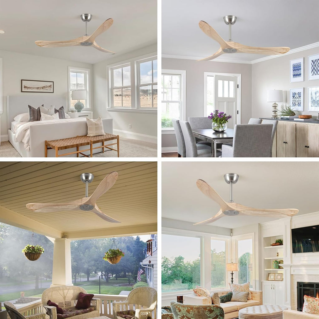 Inspired Maverick Style 52" Modern Ceiling Fan, No Light, 6-Speed, Reversible, Timed Shutdown, DC Motor, Natural Wood 3 Blade, Porch, Bedroom, Living Room A101-B0C7L4CS79