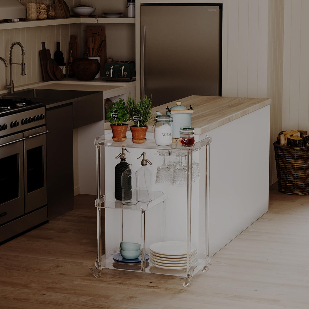 Acrylic Bar Cart with 4 Lockable Wheels, 3 Tier Clear Serving Cart with Glass Holder, Rolling Beverage Cart, Dinning