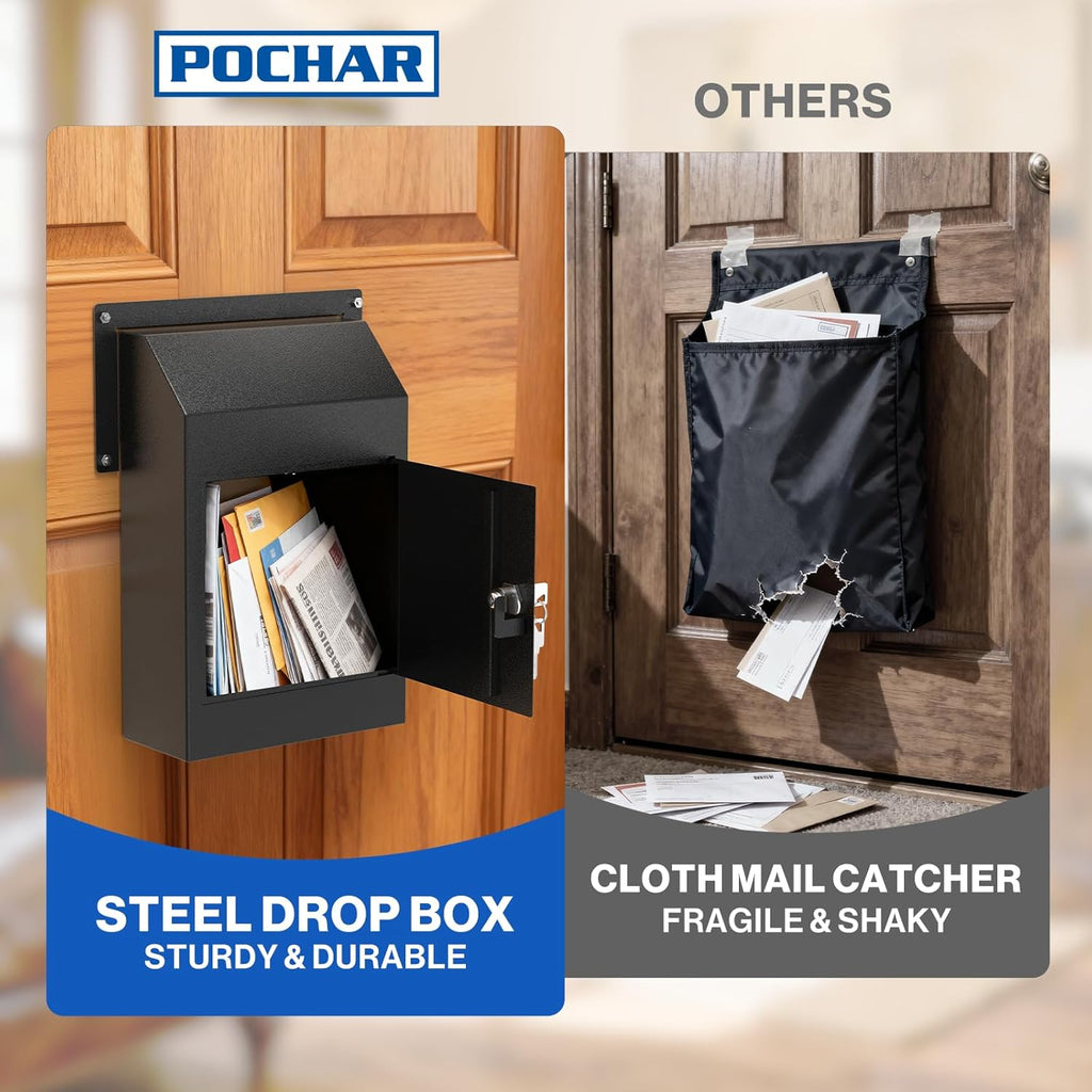 Door Drop Box for Mail, Rent, Deposit, and Night Key - Through The Door Locking Steel Mailbox with Rear Access (Black)