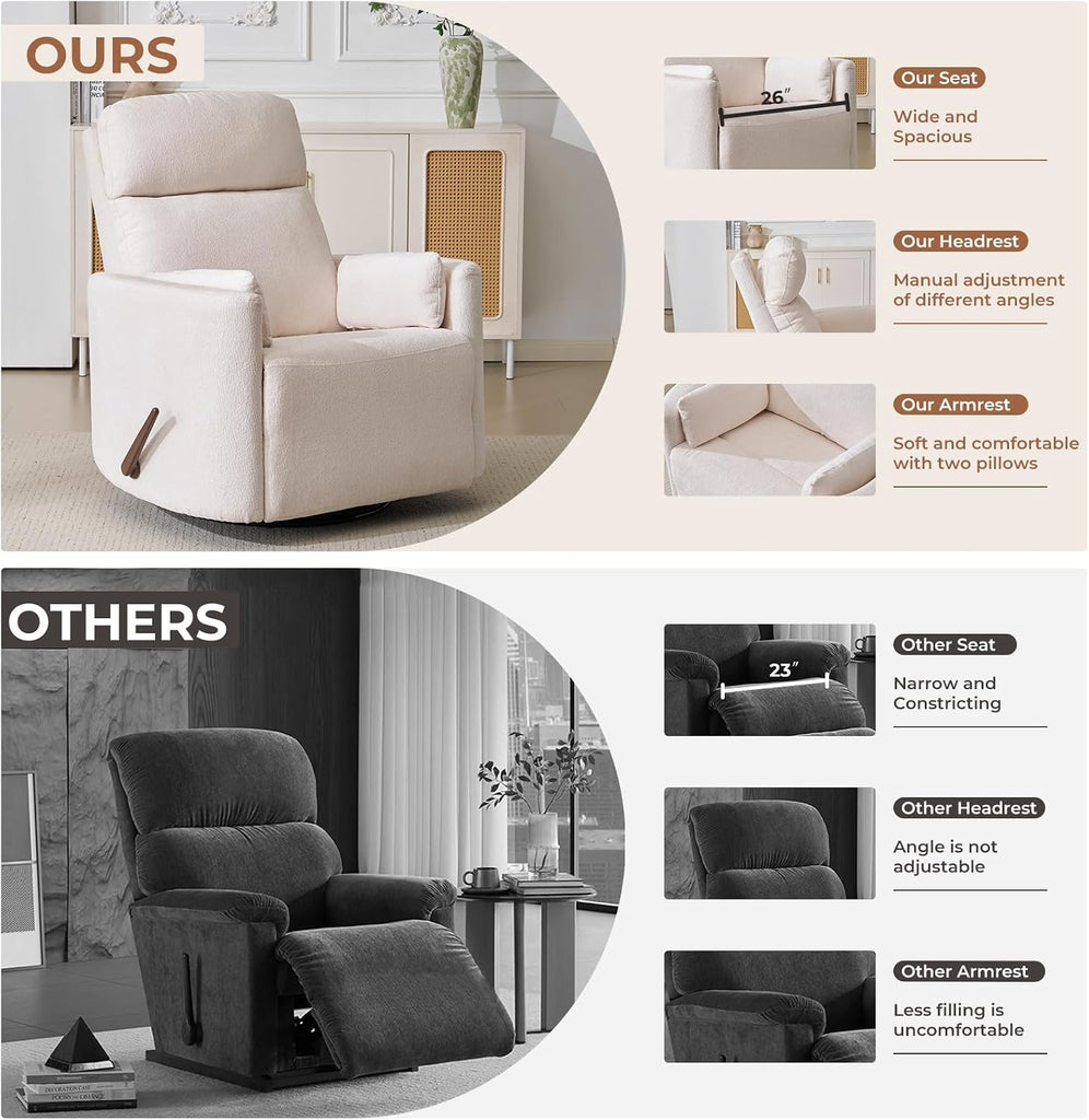 Oversized Swivel Recliner Chair with Massage and Heat, Rocking Chair Nursery with Adjustable Headrest, Rocking Chair