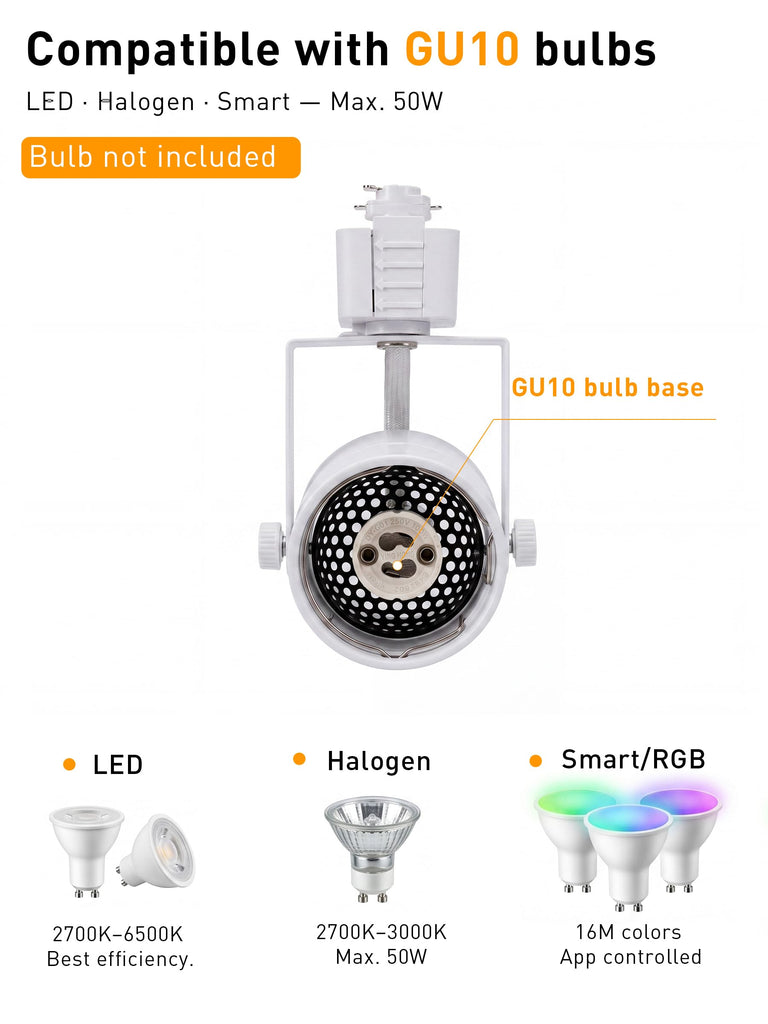 [6 Pack] H Type Track Lighting Heads to Gu10 Base Socket Light Direction Adjustable,Round,White