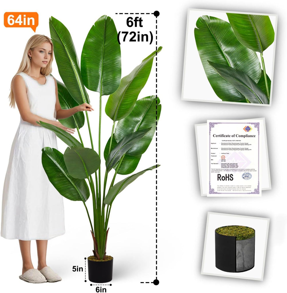 6ft Artificial Bird of Paradise Tree Decor, 6 Feet Faux Floor Plant Fake Silk Banana Leaf Tropical Trees with Pot for