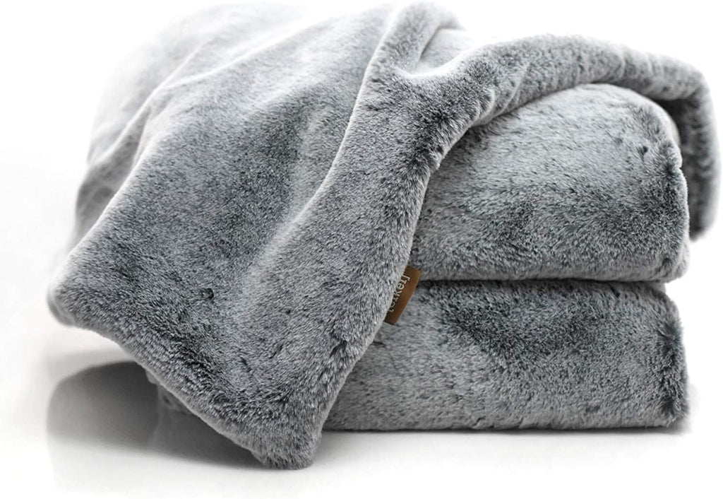 Double Sided Faux Fur Throw Blanket Silky Soft Oversized Afghan Machine Washable, Grey Striped Mink Chinchilla Shadow