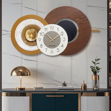 37.8x23 Inch Oversized Mid-Century Modern Wall Clock, Wood & Metal Frame, Silent Non-Ticking, Antique Brown & Gold